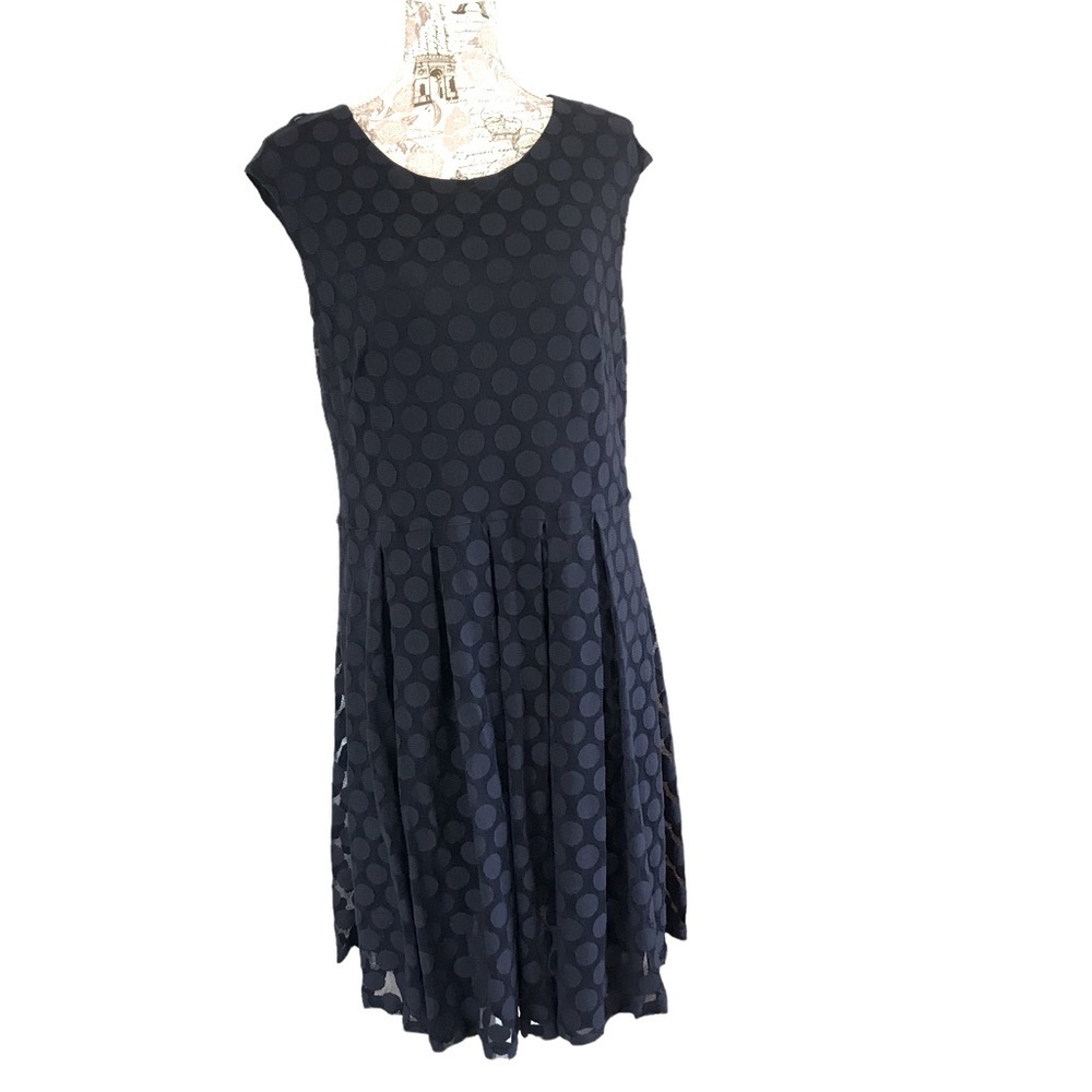 Michael Kors Navy Polka Dot Sheer Overlay Lined Pleated Midi Dress